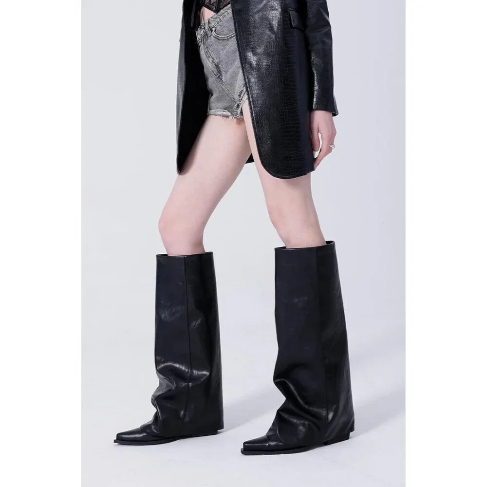 Women Black Wide Calf Slouchy Shark Pointed Toe  Fold Over Knee High Tall Boots